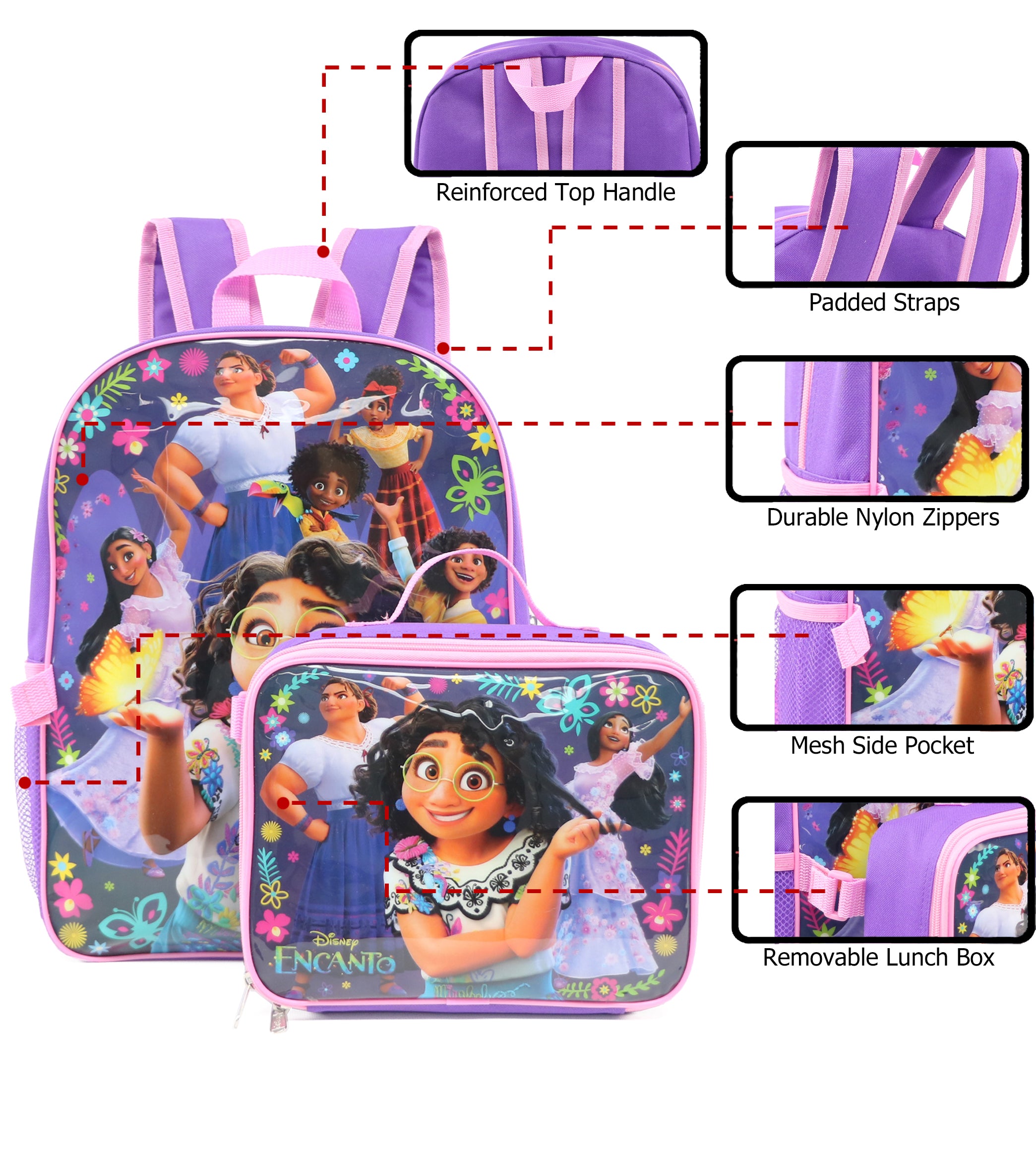 Disney Encanto Backpack 16 inch & Insulated Lunch Bag Detachable Madrigal Family Mirabel, Girl's, Size: One size, Purple
