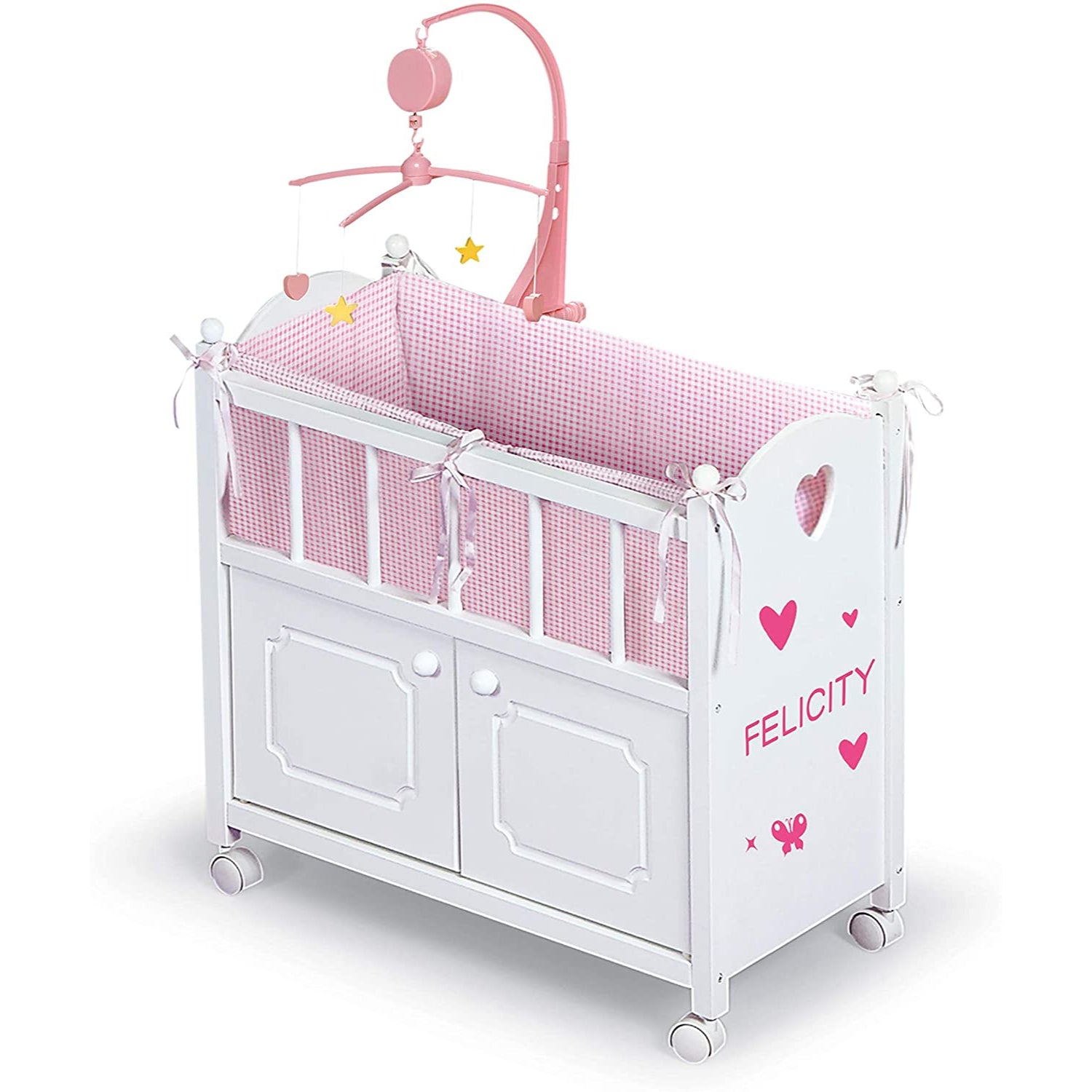 Badger Basket Cabinet Doll Crib with Gingham Bedding, Musical Mobile, – S&D  Kids