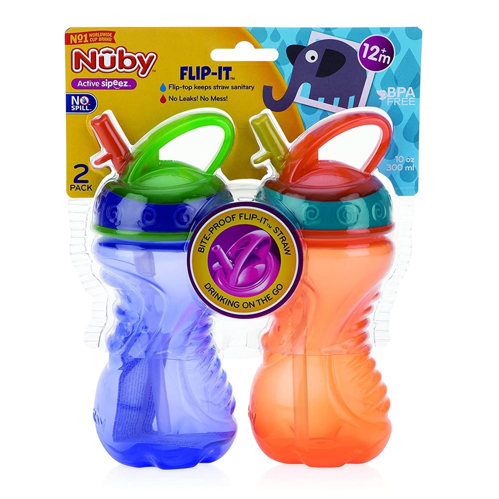 Nuby 2-Pack No-Spill Flip-It Cups, 10 Ounce, Colors May Vary