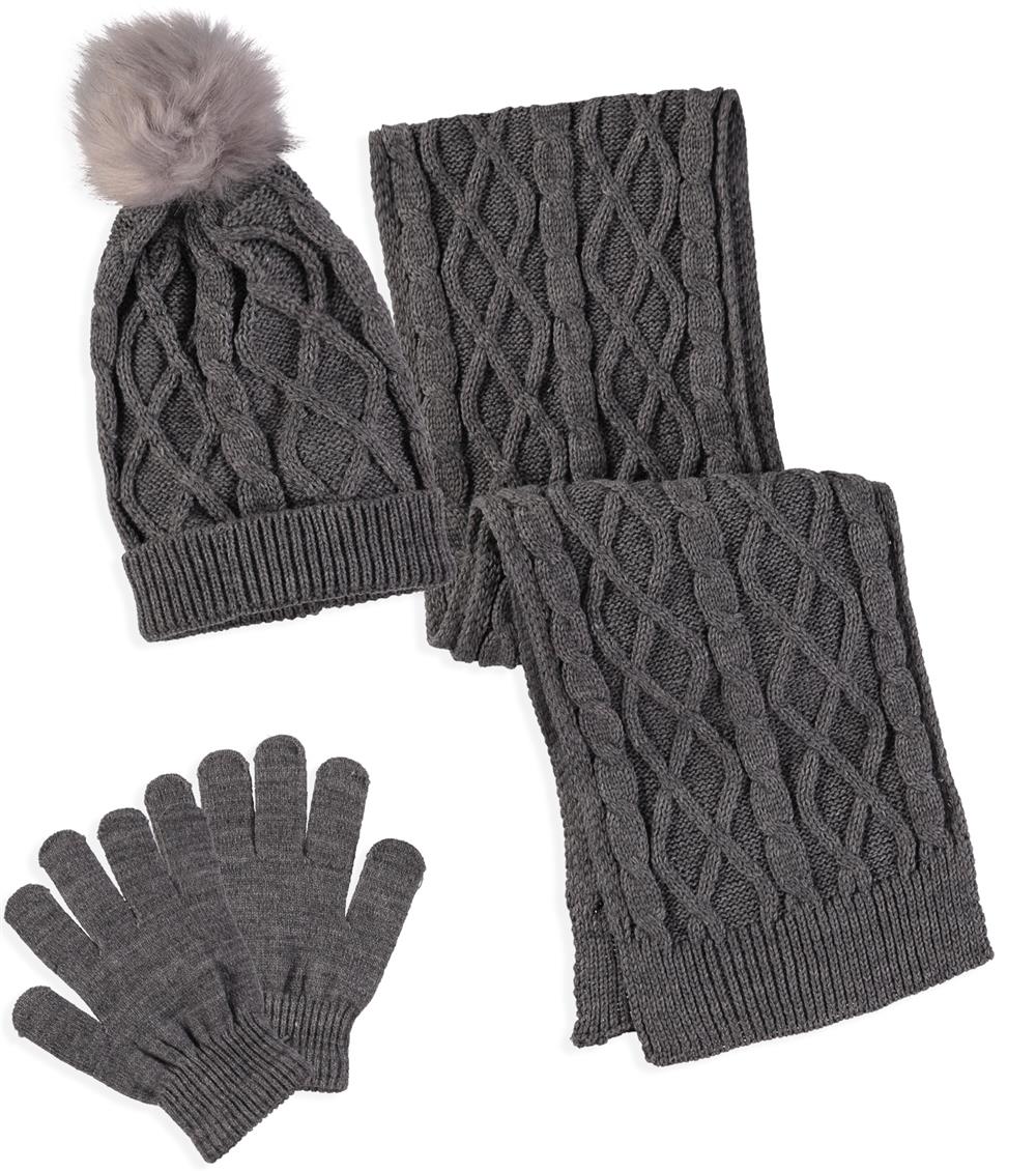 Hat Scarf Gloves Sets - gray-three Pieces